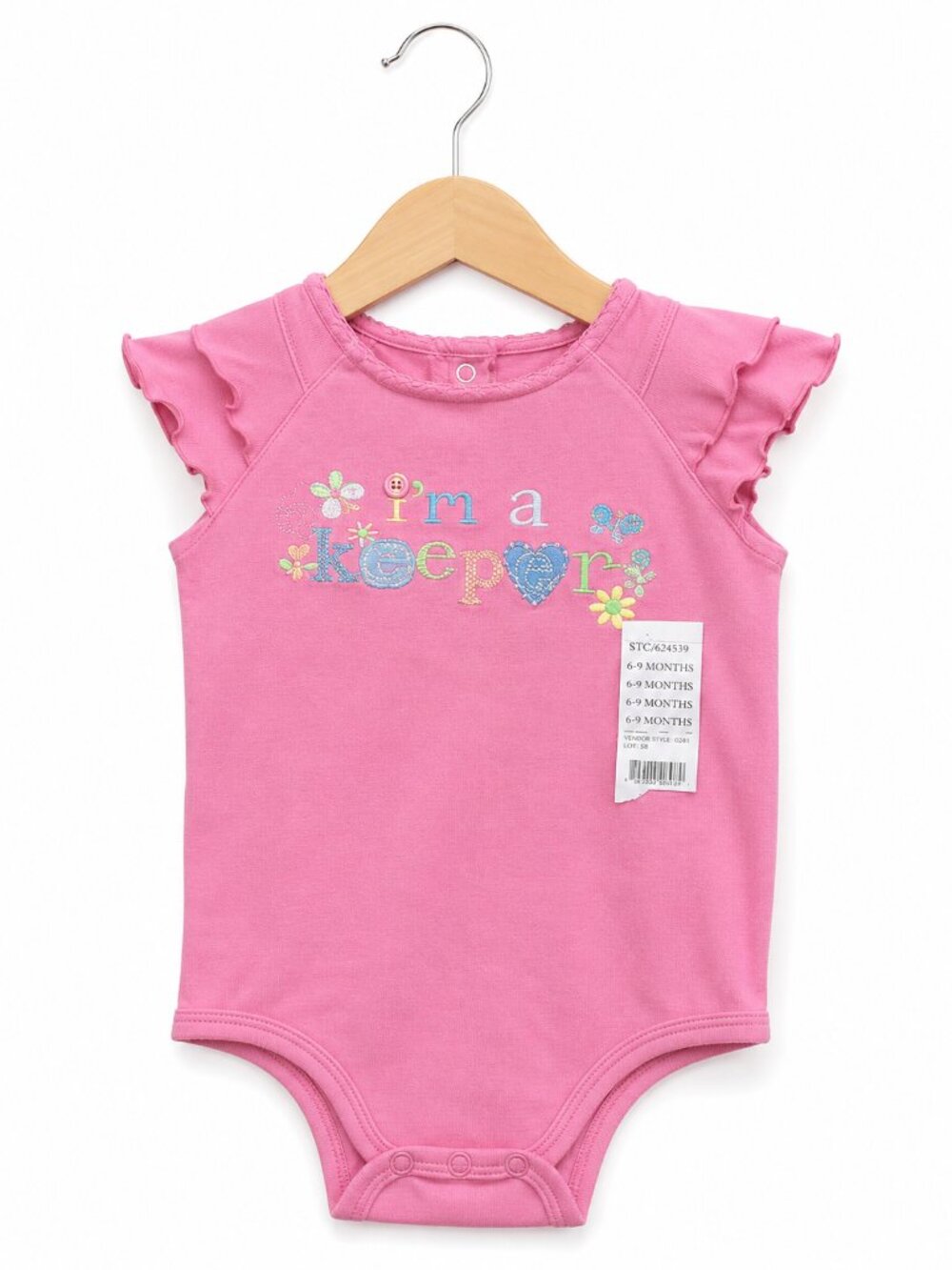 Okie Dokie Girls Bodysuit Size 6-9 Months Pink I'm a Keeper Button Flowers NEW
